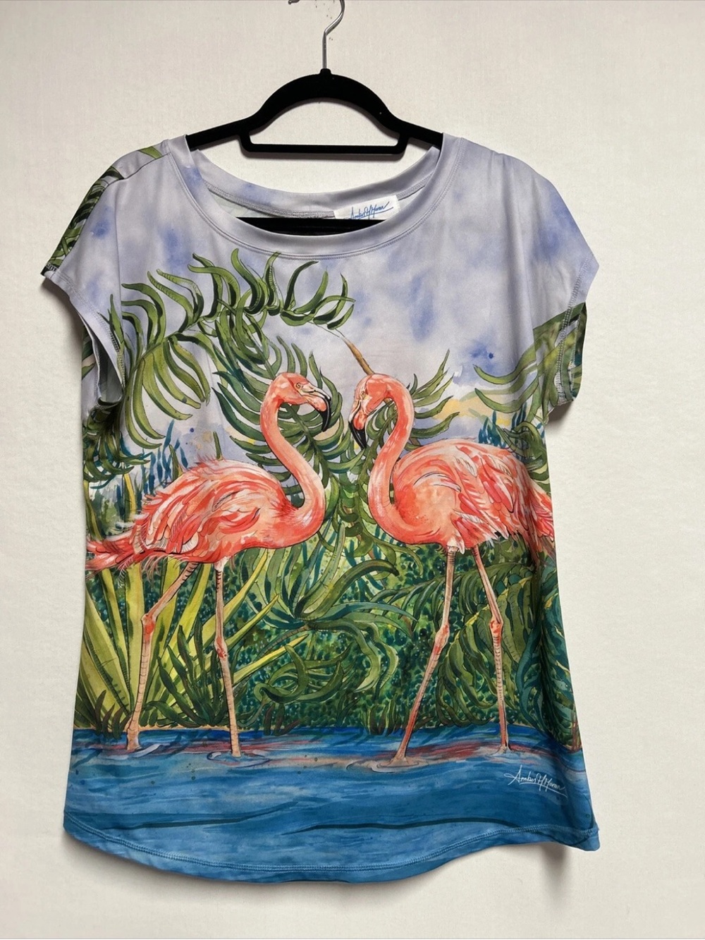 Flamingo Print Short Sleeve Tee - Pink large back cut out